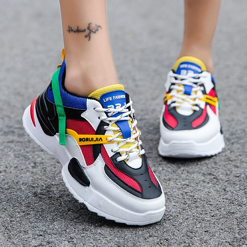

2019 New Shoes Female Sneakers Women Platform Shoes Mixed Colour Sports Casual Vulcanized Shoes Women Footwear Med Heel Flats