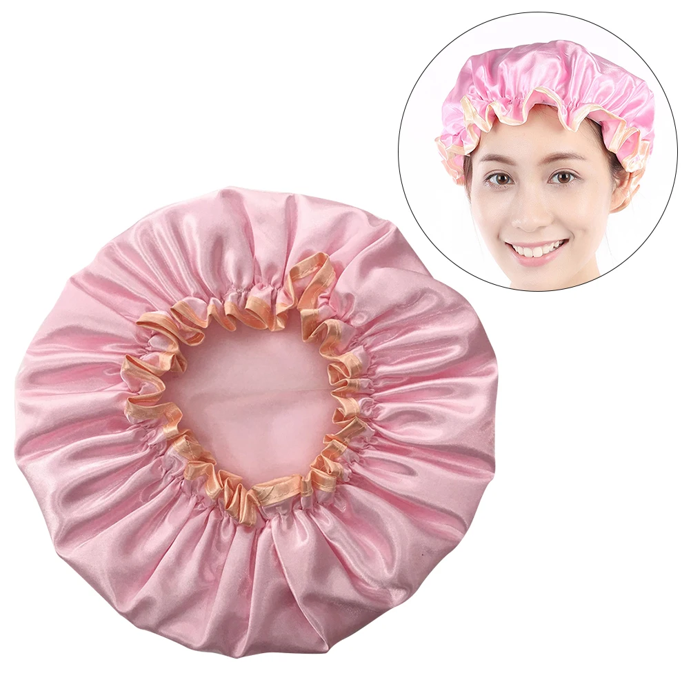 

Women Girls Bath Cap Solid Double-deck Cute Soft Waterproof Mold Resistant Washable Shower Cap (Pink)