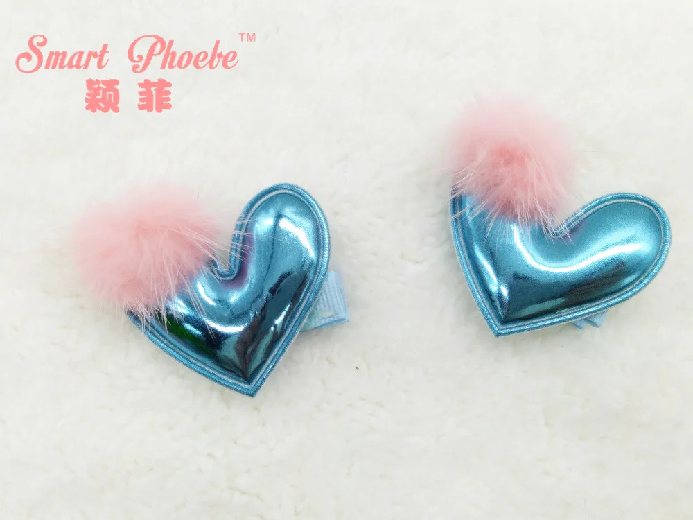 30 шт./5C модные милые розовые Мех животных Pom PU сердце девушка шпилька Kawaii Твердые блеск Сердце заколки для волос для девочек головные уборы интимные аксессуары