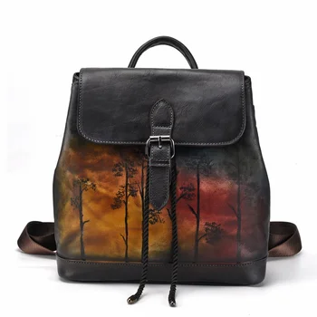 

2019 Genuine Leather Women Embossed Backpack Daypack First Layer Cowhide Pattern Girls Knapsack School Bags Leisure Rucksack New