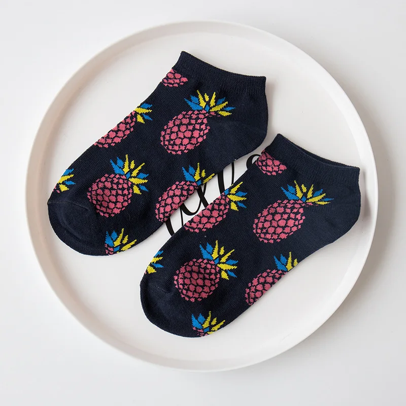 PEONFLY Happy Socks женские трендовые весенне-летние хлопковые носки-башмачки носки милые забавные женские носки - Цвет: Black pineapple