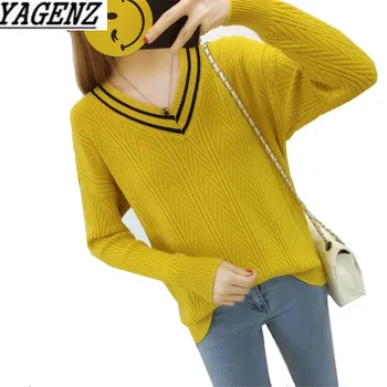 

Autumn Winter 2019 Women Knitted Pullover Short Sweater Korea Loose V-neck Warm Sweater Pullover Female Casual Top Plus size 3XL