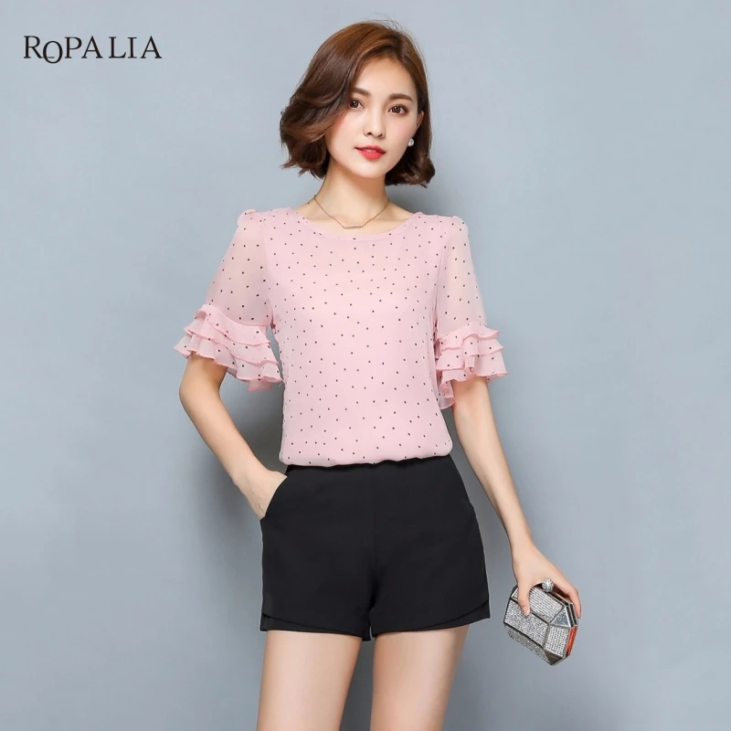 ROPALIA женские блузки летняя шифоновая блузка с коротким рукавом рубашка в горошек