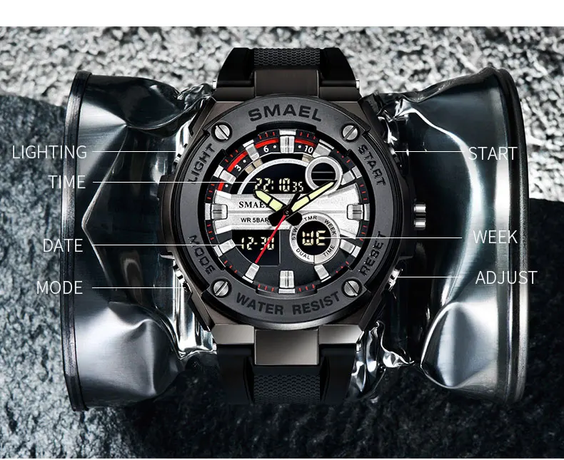 SMAEL роскошные мужские наручные брендовые модные спортивные часы мужские водонепроницаемые кварцевые часы мужские часы с двойным дисплеем армейские военные наручные часы
