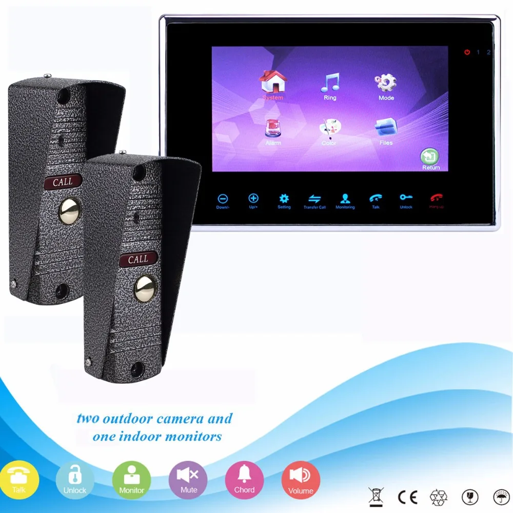 

7" TFT LCD Color Video Doorphone Video Intercom Monitor Doorbell Camera Security System Night Vision 2 Outdoor 800TVL F1361D