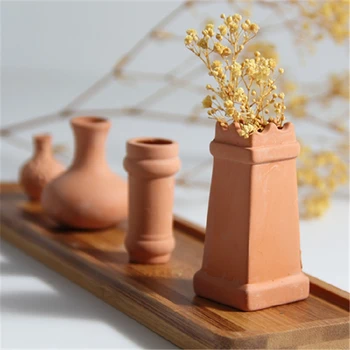 

4PCS/SET Dollhouse Miniature Dried Flower Vase Furnishing Articles Red Pottery Mini Flowerpot Rural Wind Garden Desktop Potted