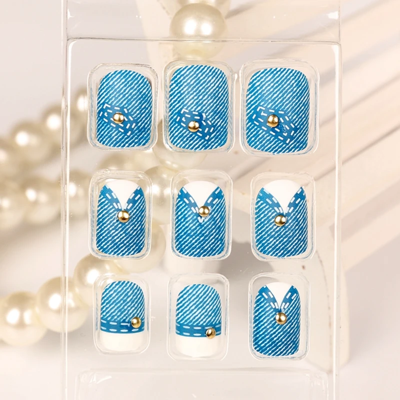 

Alloy Studs Decoration False Nails Blue Jeans Design Acrylic Nail Tips Kit Z249