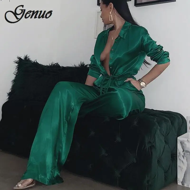 Genuo Elegant Loose Satin Bodycon Bandage Jumpsuit Women 2019 Spring Sexy Solid Lapel Deep V Neck Playsuits Ladies Streetwear Genuo Elegant Loose Satin Bodycon Bandage Jumpsuit Women 2019 Spring Sexy Solid Lapel Deep V Neck Playsuits Ladies Streetwear