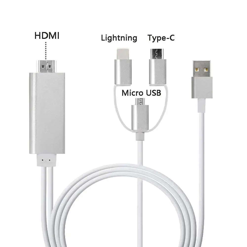 

3-in-1 Lighting/Type-C/Micro USB To HDMI Cable Mirroring Cellphone Screen To TV/Projector/Monitor Adapter 1080P Resolution