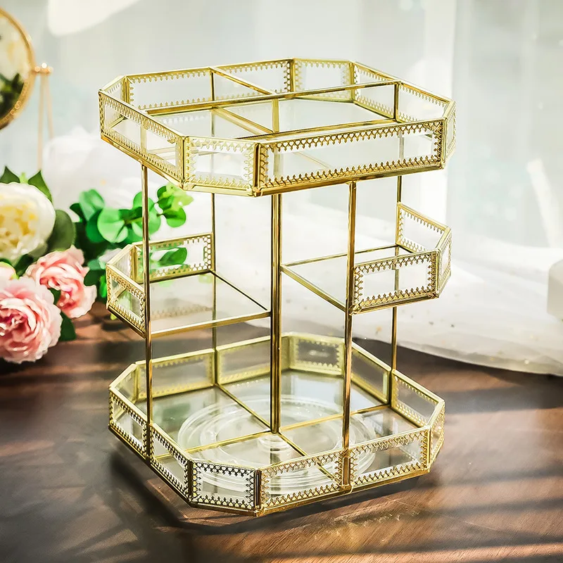 

Cosmetics storage dressing table desktop multi-function European metal square cosmetic storage box 360 degree rotation