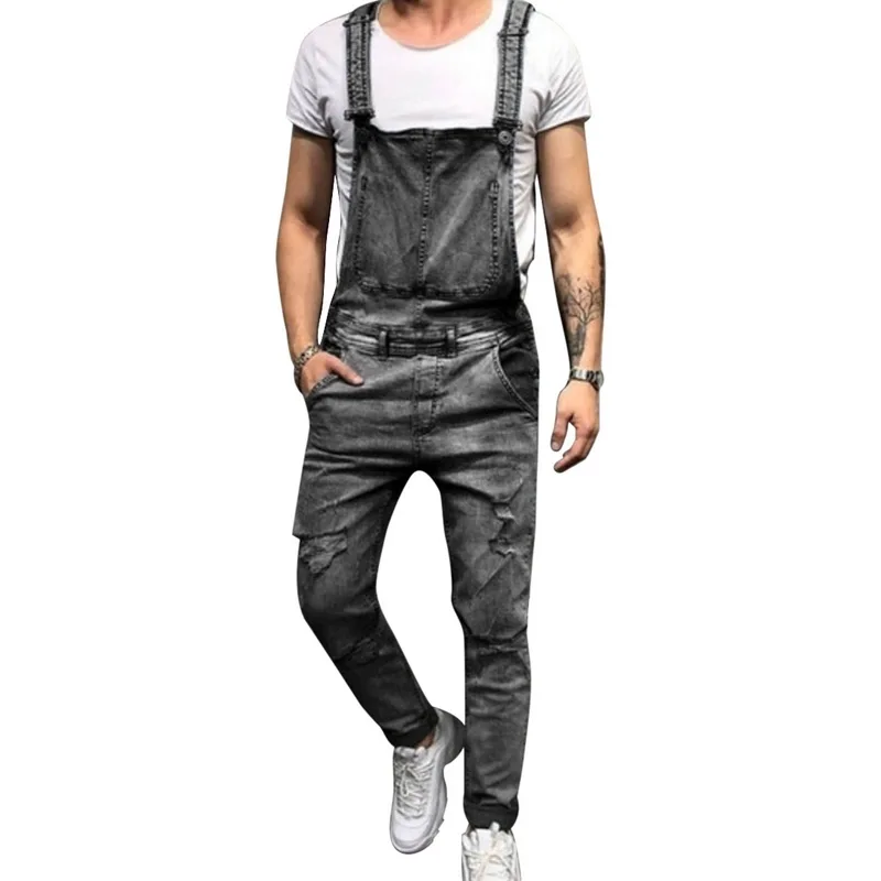 

Fashion Strap Ripped Jeans Jumpsuit Men Solid Straight Slim Streetwear Hole Denim Overalls Casual Pocket Summer Jeans Homme