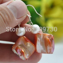 Ry00377 15 ММ оранжевый квадрат оболочки белый круглый перл МОТАТЬСЯ СЕРЬГИ 925ss 5 шт