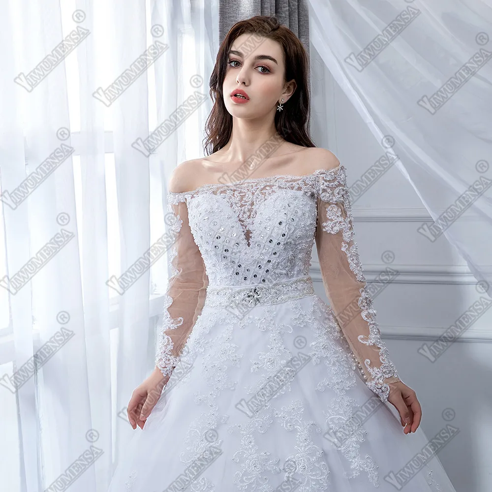 Vestido De Casamento 2 в 1 свадебное платье из тюля с длинными рукавами и тяжелыми жемчужинами роскошное свадебное платье es Robe De Mariee