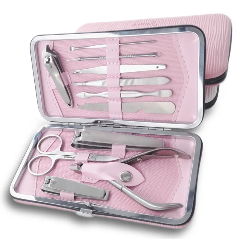 11 PCS in 1 set Manicure Tool Kit Pink Pedicure Case Stainless Steel