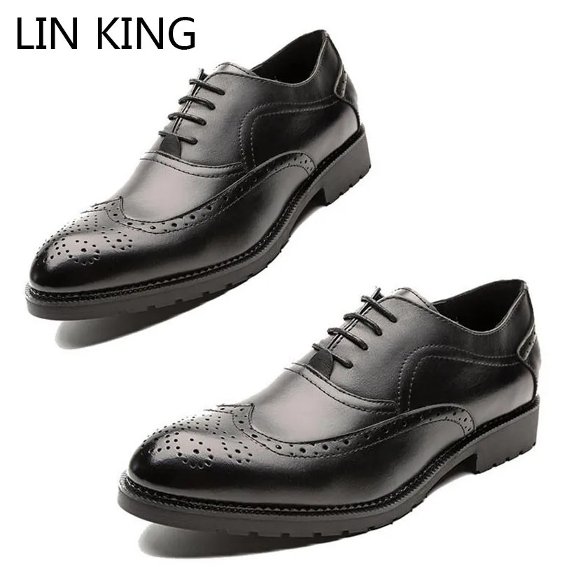 

LIN KING Big Size Spring Autumn Men Pu Leather Casual Shoes Fashion Lace Up Brogue Shoes Carving Pointed Toe Bridal Party Shoes