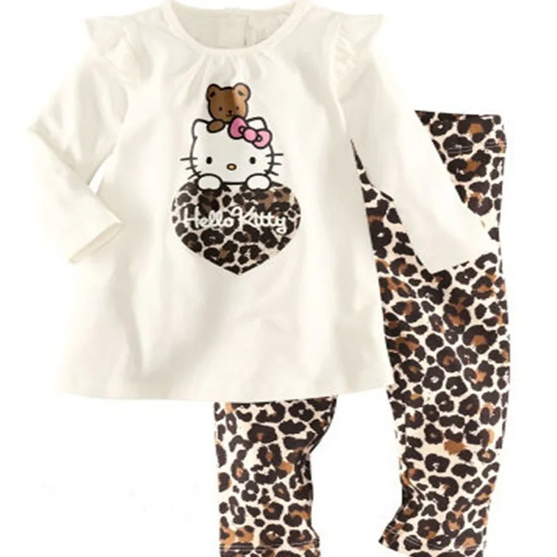 

100% cotton Hello Kitty baby pajamas/2-piece set: long-sleeved top+gray pants/leopard pants/Free shipping