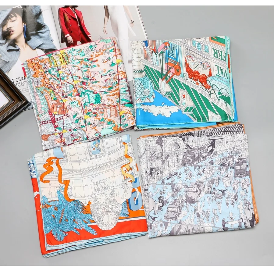 

35" Fashion Print Large Square Silk Scarf Shawl Hijab for Womens 100% Twill Silk Scarf Head Scarves Hand Rolled Edges