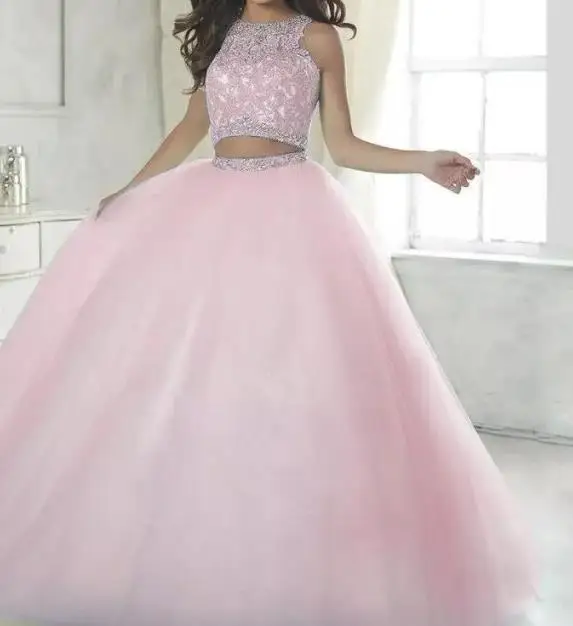 Кружевное бальное платье из двух частей, бальные платья, vestidos de 15 anos, длина до пола, длинные кружевные платья с аппликацией, милые 16 платья для выпускного вечера - Цвет: Розовый