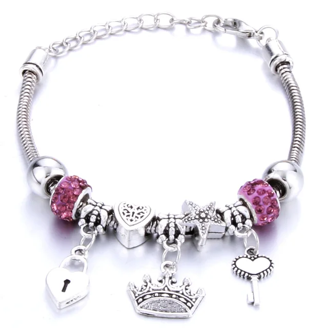 Antique Original Crown key lock Shape 6 colors Charm Bracelets For Women Glass Beads Brand Bracelet & Bangle DIY Jewelry Gifts 0001PE