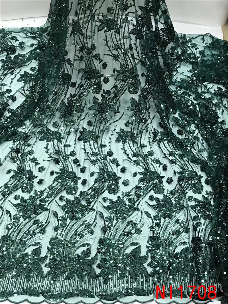Free Shipping Green Sequins Lace Fabric with Beads High Quality African Nigerian Tulle Mesh Net for Wedding Dress NI1708 | Дом и сад
