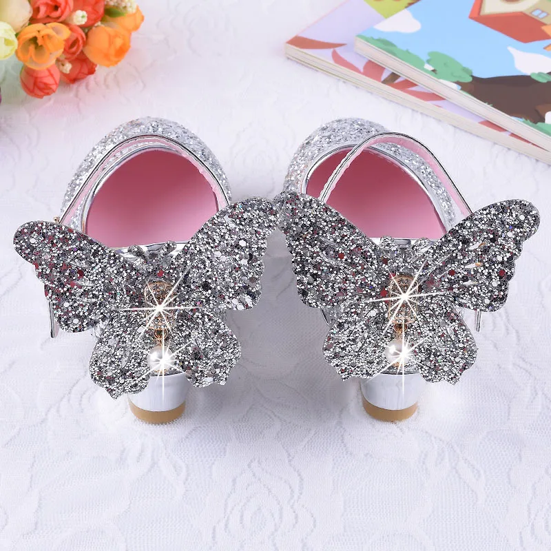 Детская обувь для принцессы; модные сандалии для девочек; детская обувь на высоком каблуке; блестящая кожаная обувь с бабочкой для девочек; нарядное платье для свадьбы и танцев