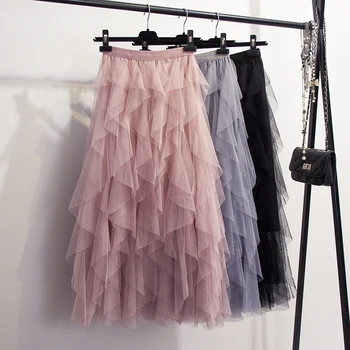 

2019 Spring Summer Irregular Mesh Skirt Women's New High Waist Layering Flounce Fairy Bitter Fleabane Cake Skirt