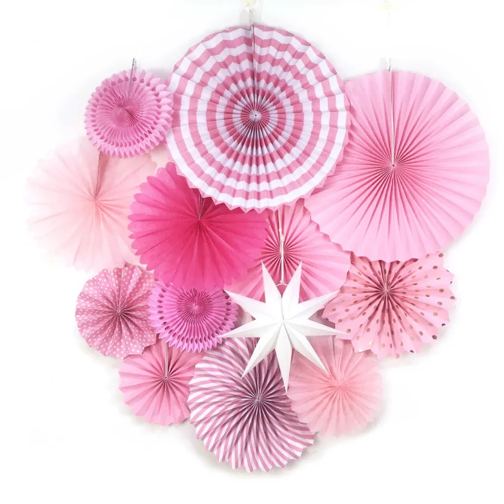 

13pc Paper Fan Rosettes Set Photo Backdrop Paper Pinwheel Star Party Fans Paper Medallions for Wedding Birthday Shower Decor