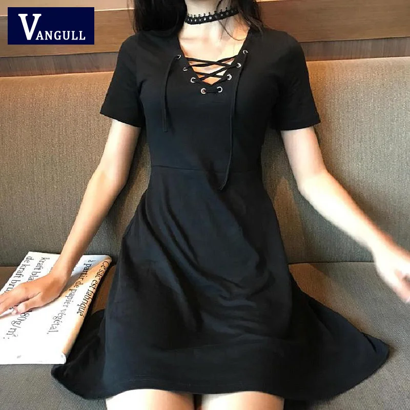 

VANGULL Gothic Bandage Women'S Vintage Dress 2019 New Brand Black Summer Sexy Short Sleeve V-Neck Mini Slim Dresses Harajuku