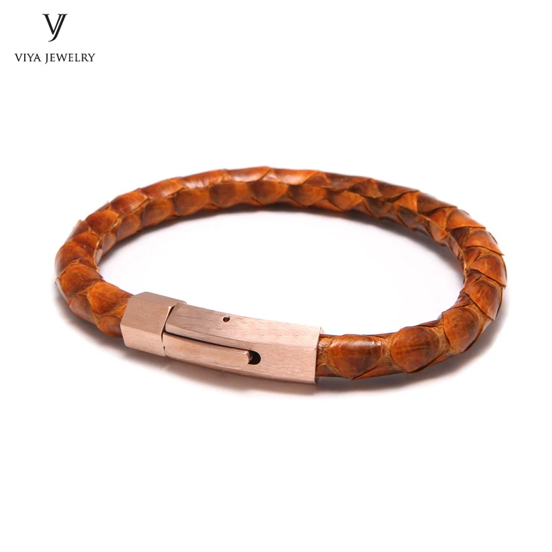 Brown rose gold Подлинный Змеиный кожаный браслет из кожи питона для мужчин высокого качества нержавеющая сталь 316 L Браслеты с магнитным замком - Окраска металла: Brown rose gold