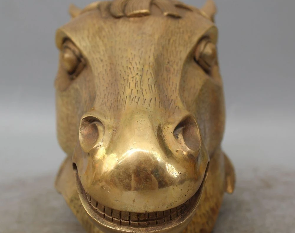 

8"Marked Chinese FengShui Culture Bronze Auspicious Year Zodiac Horse Head