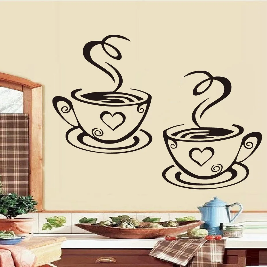 

Double Coffee Cups Wall Stickers On The Kitchen Vinyl Art Wall Decals Adhesive Wall Papper Room Decoration Home Decor