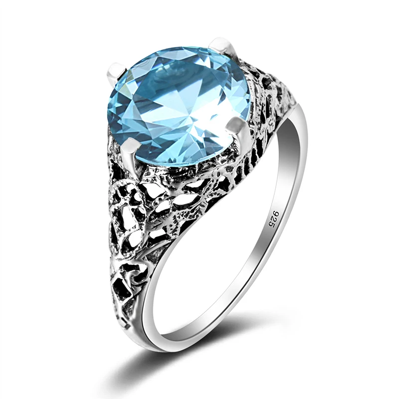 

Vintage 925 Sterling Silver Cocktail Ring Women Fine Jewelry Wedding Created Ruby Sapphire Stone CZ Ring Evening Party Love Gift