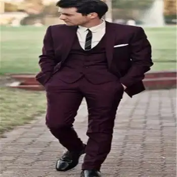 

Hot Sale Handsome Burgundy Wedding Tuxedos Slim Fit Suits For Men Cheap Jacket Vest And Pants Groom Suit Three Pieces Prom Suits