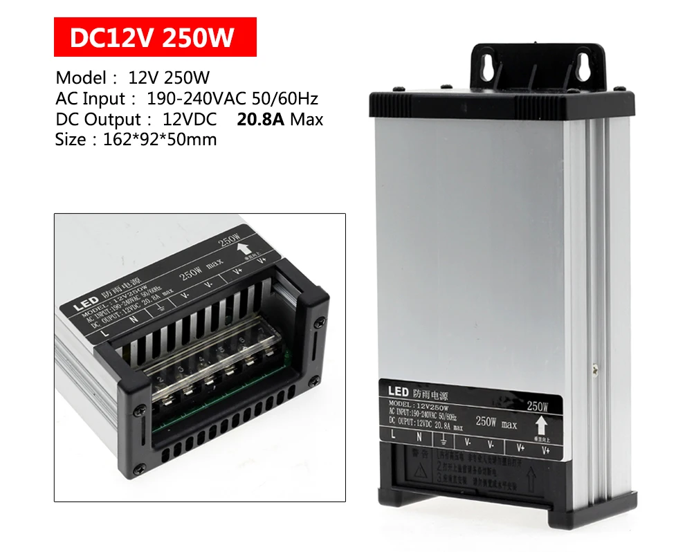 Светодиодный наружный источник питания с защитой от дождя DC12V/DC24V AC190-240V 60 Вт 100 Вт 200 Вт 250 Вт 400 Вт Светодиодный драйвер импульсный источник питания