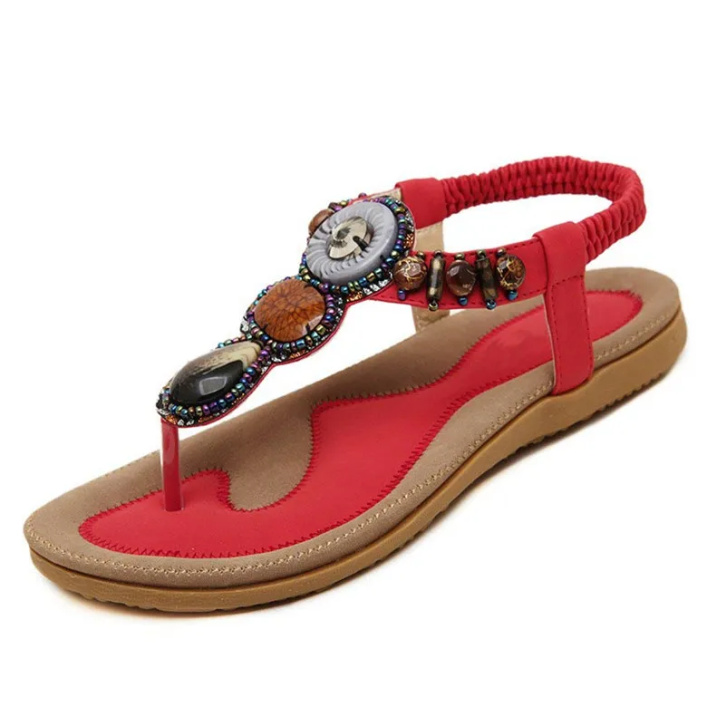 TIMETANG/Босоножки; женские полиуретановые шлепанцы; повседневная обувь; женские сандалии с эластичными лентами и бисером; модная обувь на плоской подошве; большие размеры 35-42 - Цвет: Красный