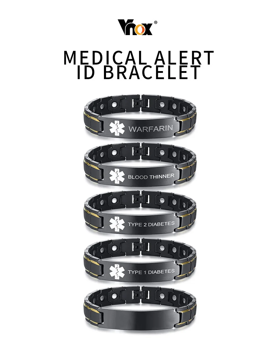 Vnox, Бесплатные персонализированные медицинские браслеты для эпилепсии для мужчин и женщин, черные браслеты из нержавеющей стали
