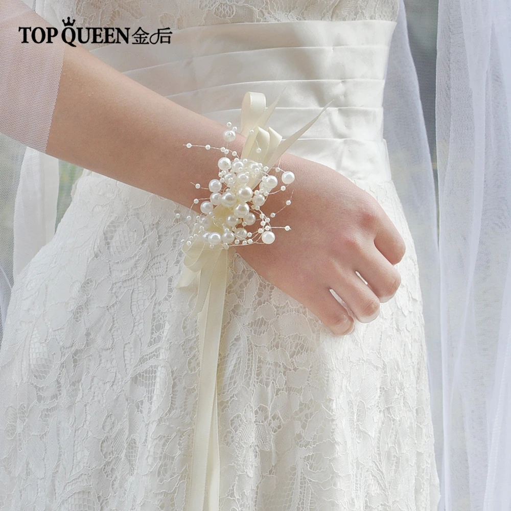 

TOPQUEEN DF24 Pearl Beaded Wedding Wrist Flowers Bridesmaid de Marriage Ribbon Tape Corsages Wristband Flowers