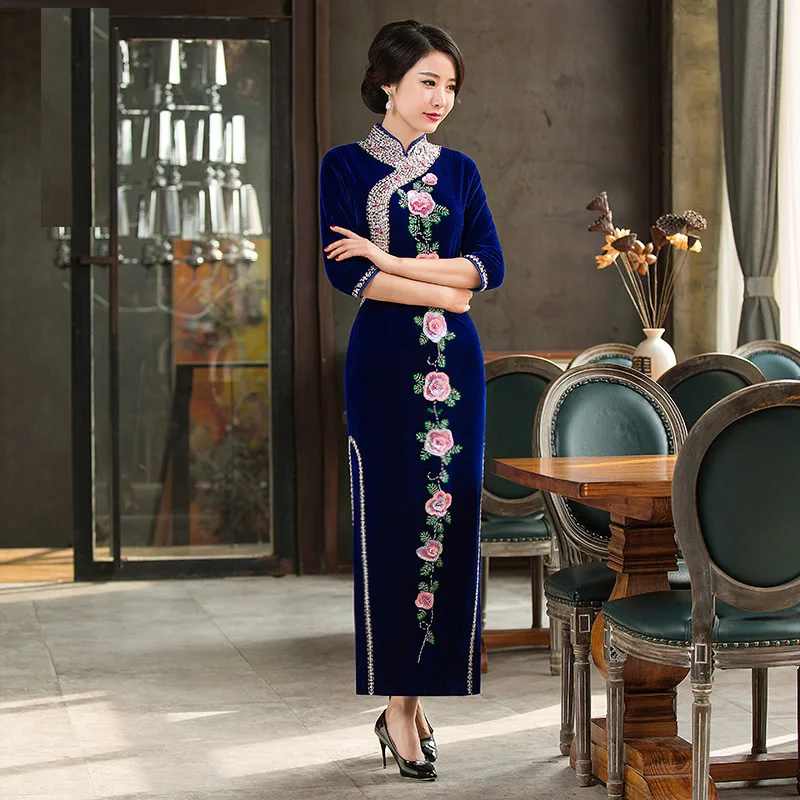 Luxury Bead Embroidery Cheongsam Velvet Mother Chinese Traditional Qipao Blue Oriental Evening