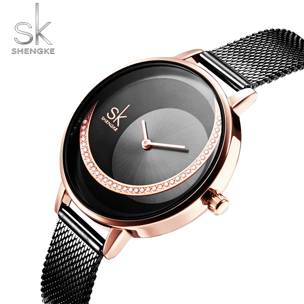 

Rose Gold Rhinestone Lady Watches SHENKE Brand White Leather Creative Quartz Women Watch Fashion Casual Waterproof Gift Clock SK