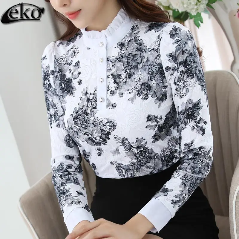 

New Autumn Winter Lace Blouse Women Shirt Velvet Korean Floral Printed Chiffon Lace Shirt Female Long Sleeve Blouses Ladies Tops