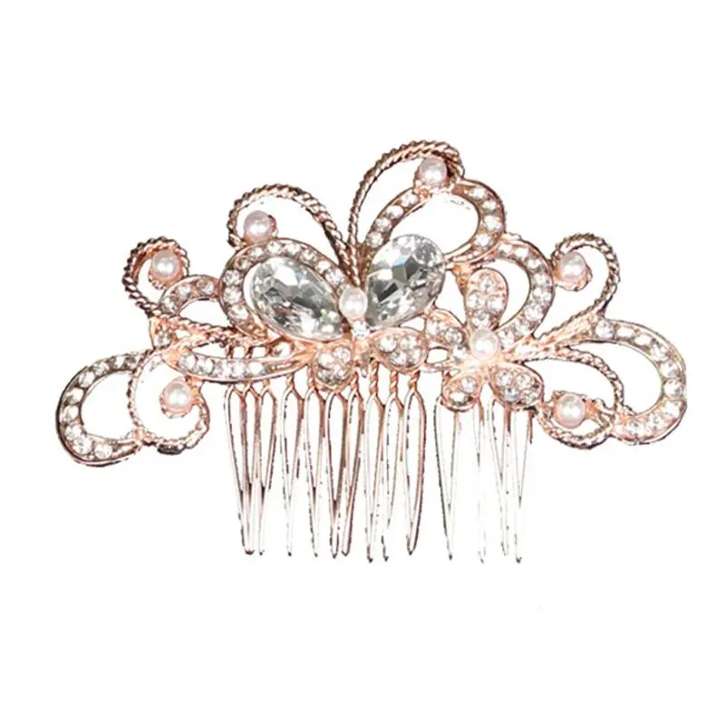 

Wedding Bridal Hair Accessories Vintage Metallic Rose Gold Fairy Hair Comb Imitation Pearl Flower Hairpin Clip Ponytail Holder