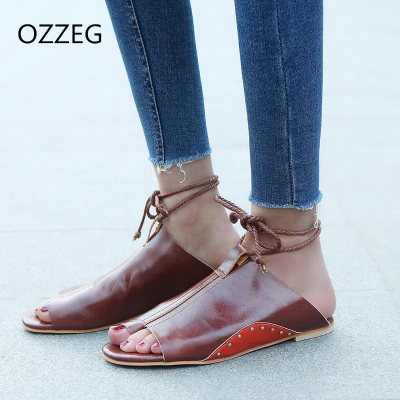 

Summer Sandals Women Flats Ladies Shoes Woman Ankle Strap Flat Gladiator Female Zapatos Mujer 2018 Rome Lace Up Shoes Size 35-43