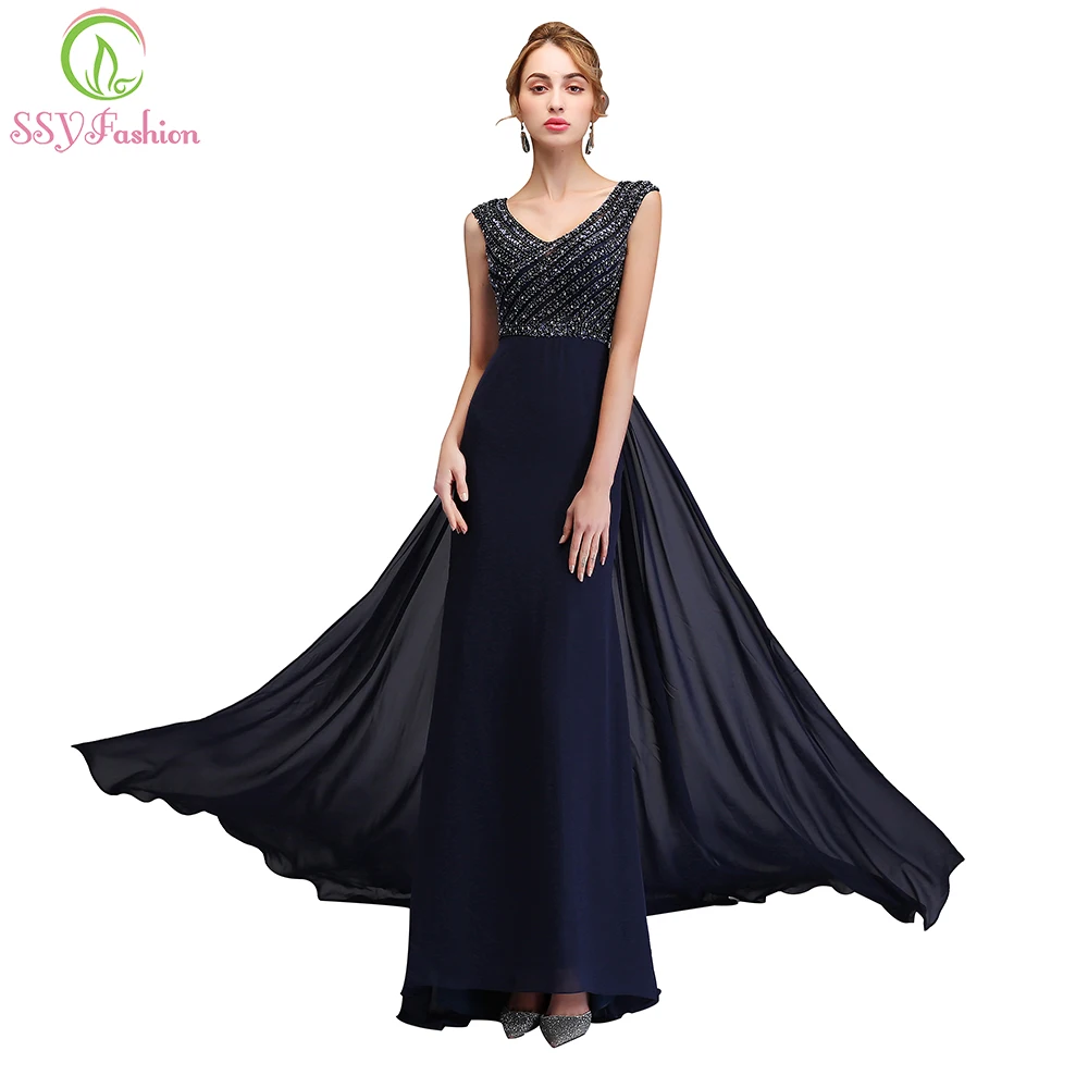 SSYFashion 2018 New High end Evening Dress Luxury Banquet Navy Blue Beading Mermaid Party Gown