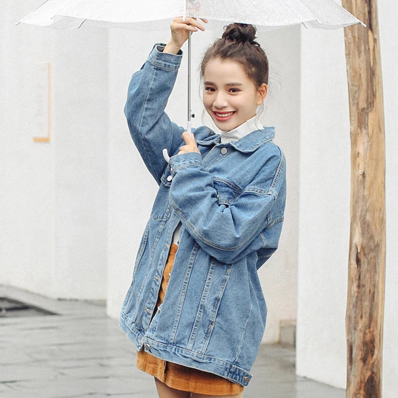 Spring women denim jacket 2018 fashion new loose Bat Sleeved female jacket mid-long single-breasted long-sleeved lady coat ll954 Spring women denim jacket 2018 fashion new loose Bat Sleeved female jacket mid-long single-breasted long-sleeved lady coat ll954
