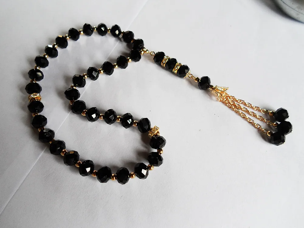 Винтаж мусульманские религиозная молитва бусины 2R Веревка Цепи стрейч tasbih браслет ювелирные изделия, Черный Кристалл Ислам для