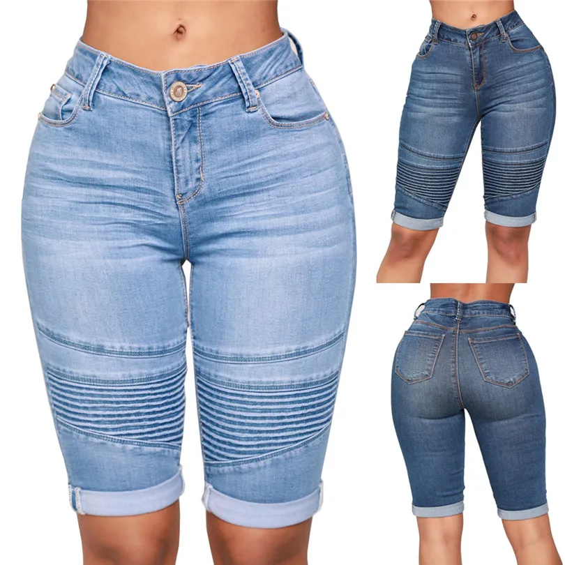 Women Mid Rise Elastic Denim Shorts Women Zip Skinny Denim Knee Length Curvy Stretch Shorts Jeans Skirt Shorts Pantalones 40MR1510