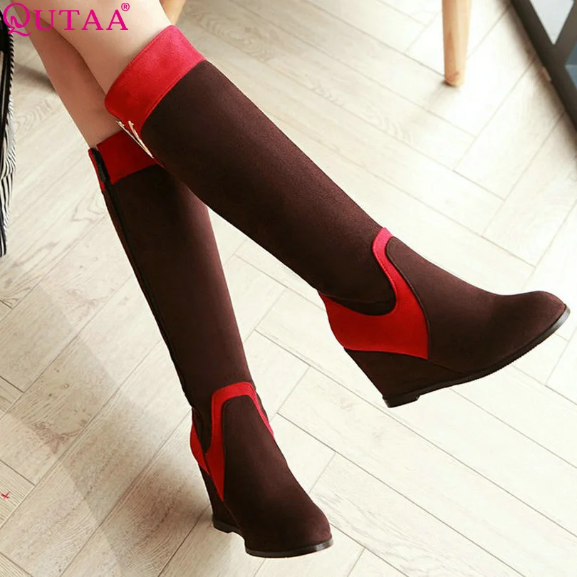 

QUTAA Mixed Color Brown Wedge High Heel Flock Knee High Boots Women Shoes Warm Boots Shoes Pointed Toe Sown Boots size 34-43