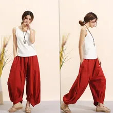 Весна Осень народный стиль чистый лен широкие брюки шаровары брюки сагги Свободные повседневные шаровары плюс fours брюки