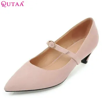 

QUTAA 2018 Women Pumps Pointed Toe Fashion Women Shoes All Match Thin High Heel Scrub Buckle Casual Women Pumps Size 34-43