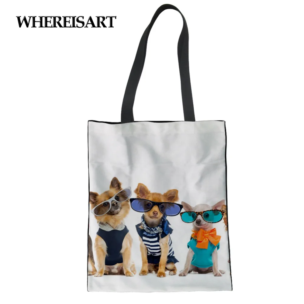 

WHEREISART Cute Chihuahua Dog Print Shopping Bag Reusable Tote Pouch Canvas Bag Eco Bolsa Plegable Daily Use Foldable Handbag